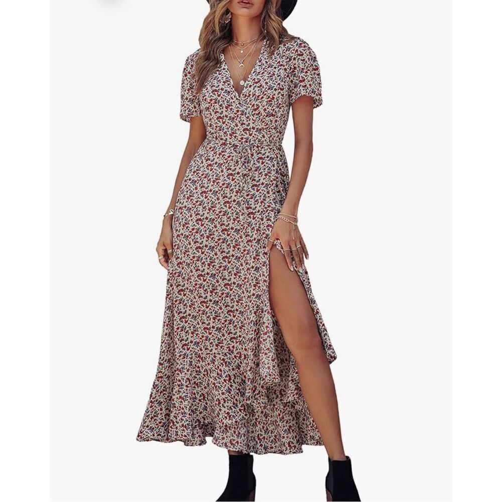 NEW Wrap Maxi Short Sleeve Ruffle Hem Split Dress XS